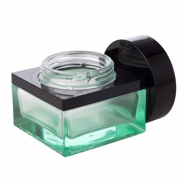 Clear Green Glass Square Shape Jar G1064