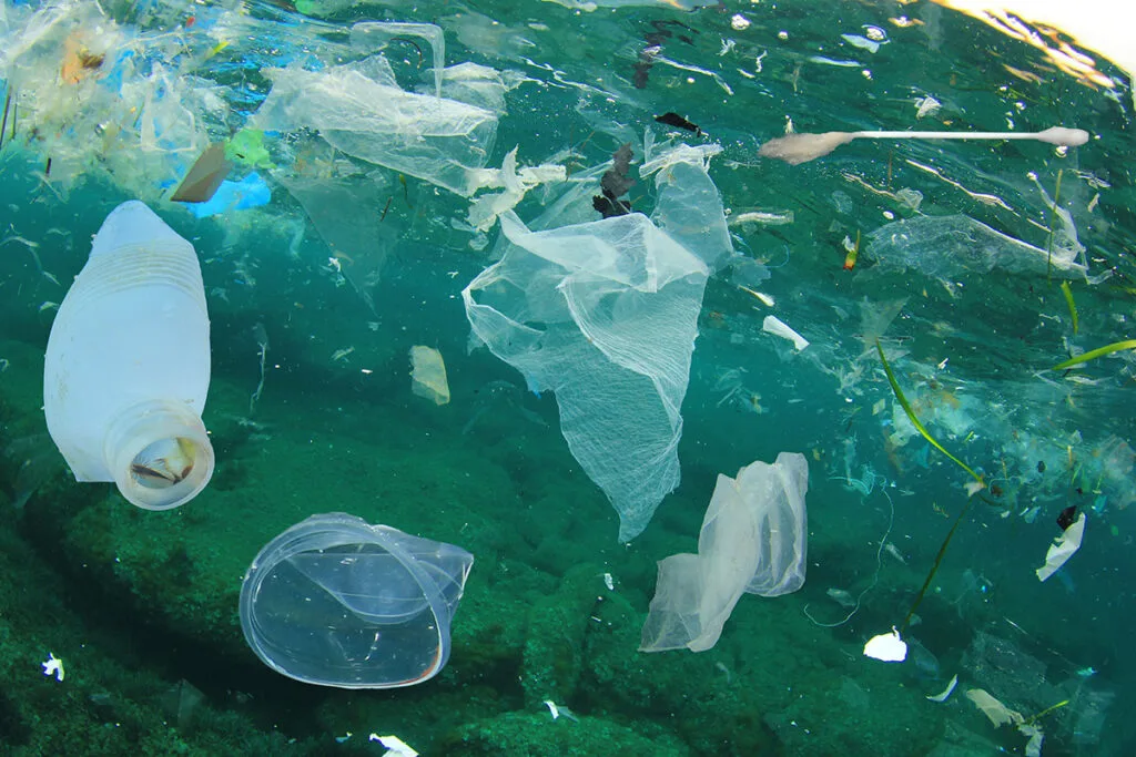 Plastic garbage floating in the sea